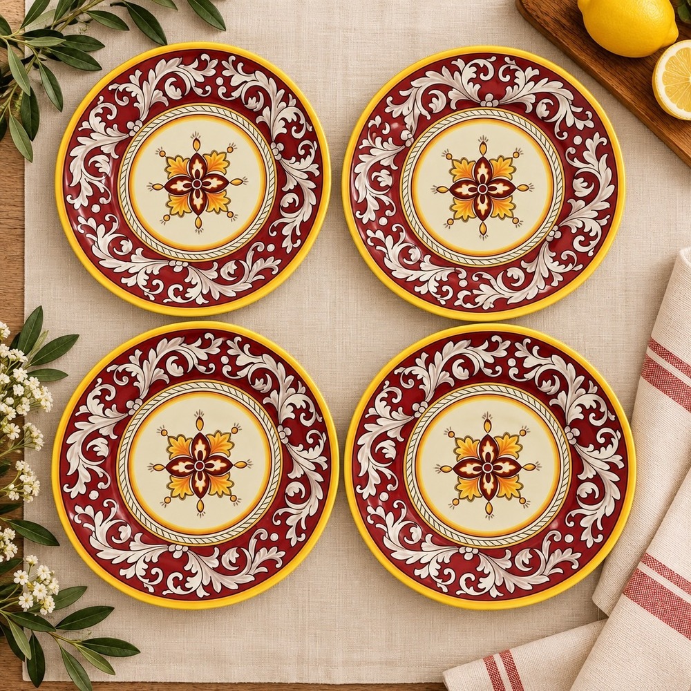Le Cadeaux Malaga Red Melamine 8.75" Salad Plates Set of 4 Tuscan Farmhouse NEW